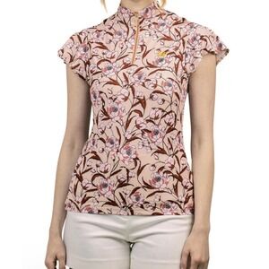 Kastle Floral Flutter Cap Short Sleeve 1/4 Zip Shirt Women's Small SPF Beachy